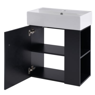 21.6inch Modern Floating Bathroom Vanity with Ceramic Basin Wave Pattern Door Side Storage Black