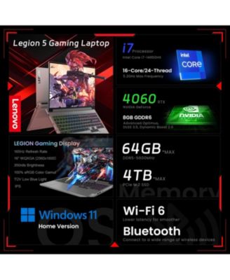 Legion 5 16" Gaming Traditional Laptop Intel Core i7 14650HX 16GB RAM NVIDIA GeForce RTX 4060 512GB SSD Storage Windows 11 Home WQXGA 165Hz - Grey
