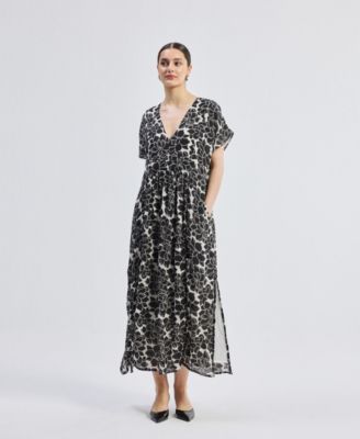 Women's Deep V-neck Maxi Dress with Front Gathers in Black Florals