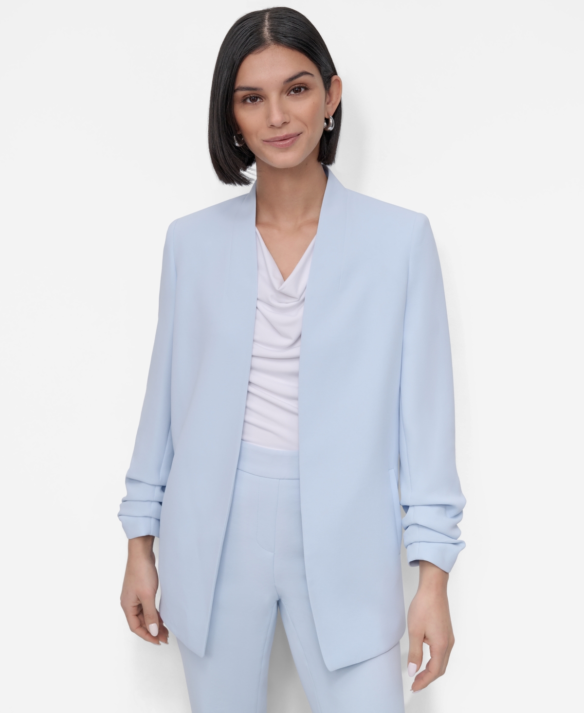 Petite Ruched-Sleeve Open-Front Blazer - Skyway Blue