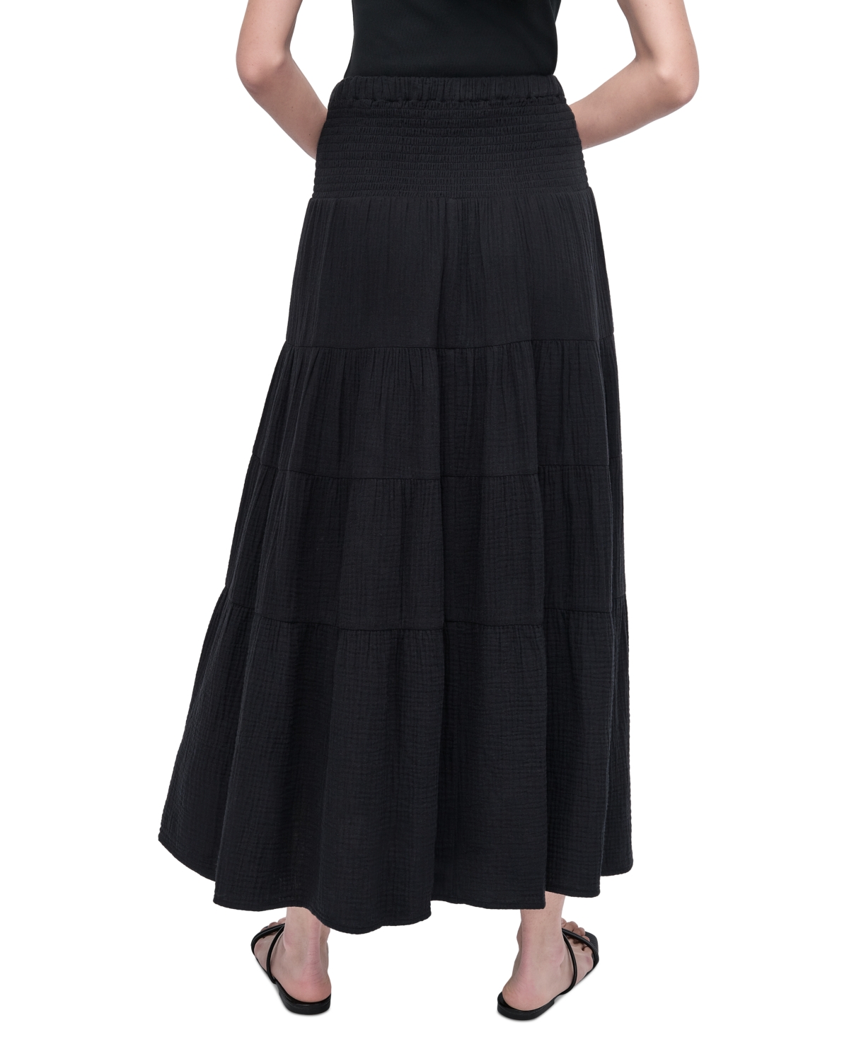 DKNY JEANS PETITE COTTON SMOCKED-WAIST TIERED MAXI SKIRT 
