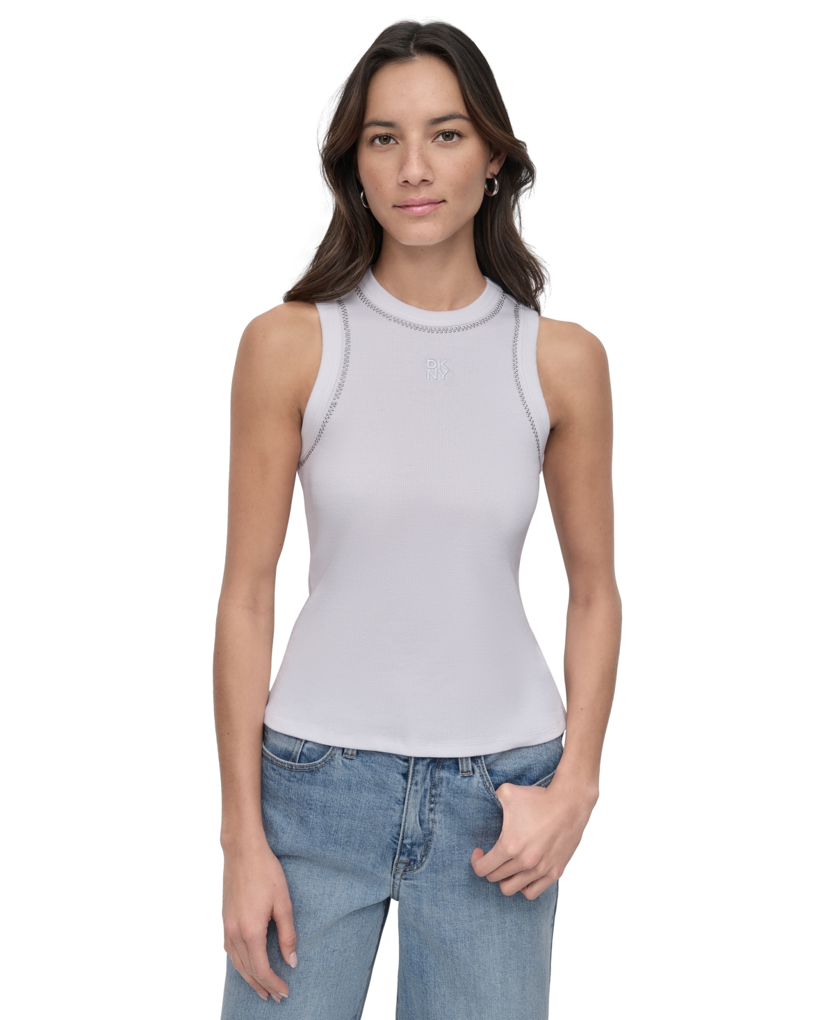Petite Rhinestone-Trim Ribbed Tank Top - Black