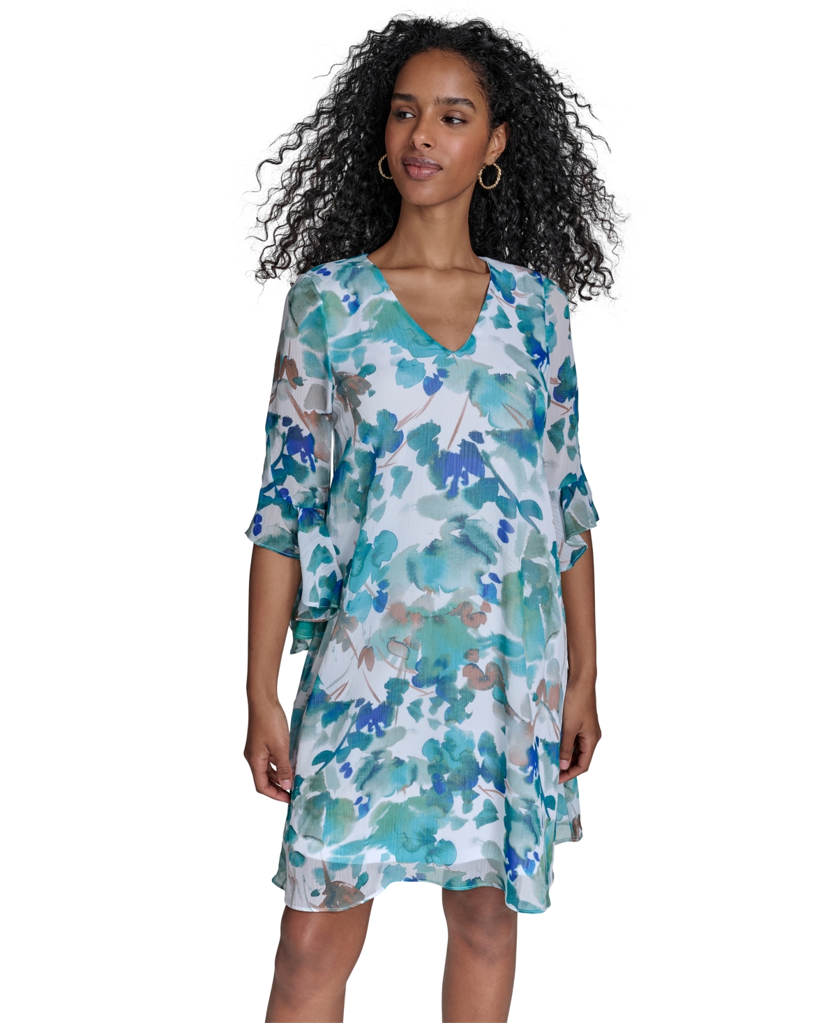 Calvin Klein Women's Floral 3/4-flutter-sleeve Shift Dress In Lake Multi