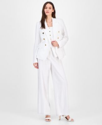 Womens Linen Blend Double Breasted Blazer Button Front Vest Tank Wide Leg Pants