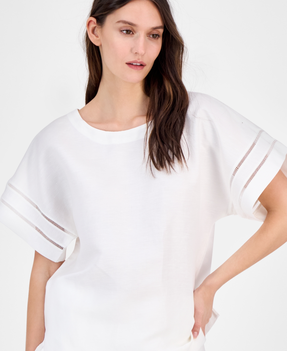 Anne Klein Ladder Stitch Inset Linen Blend Top In Bright White