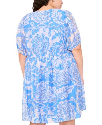 Plus Size Printed Tie-Neck Puff-Sleeve Dress
