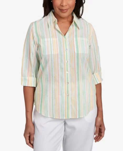 Petite Rise & Shine Sunny Stripes Button Down Top - Lime Multi
