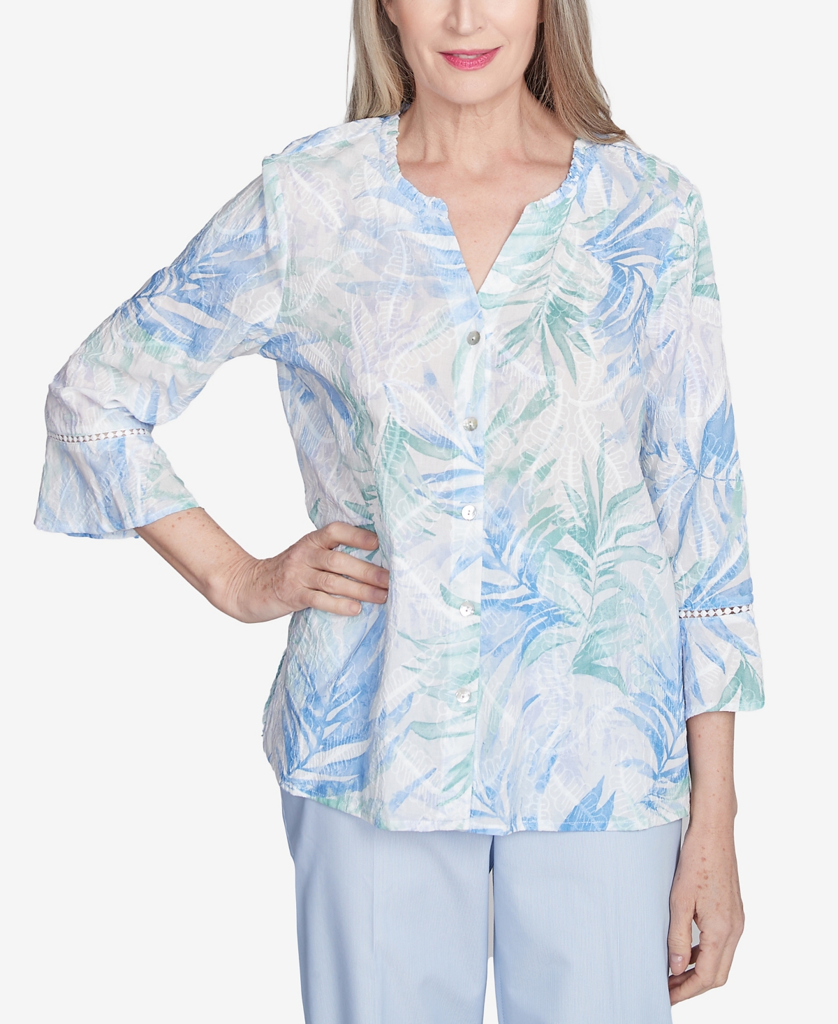 Alfred Dunner Petite St. Thomas Tropical Embroidered Button Front Top In Sky Blue Multi