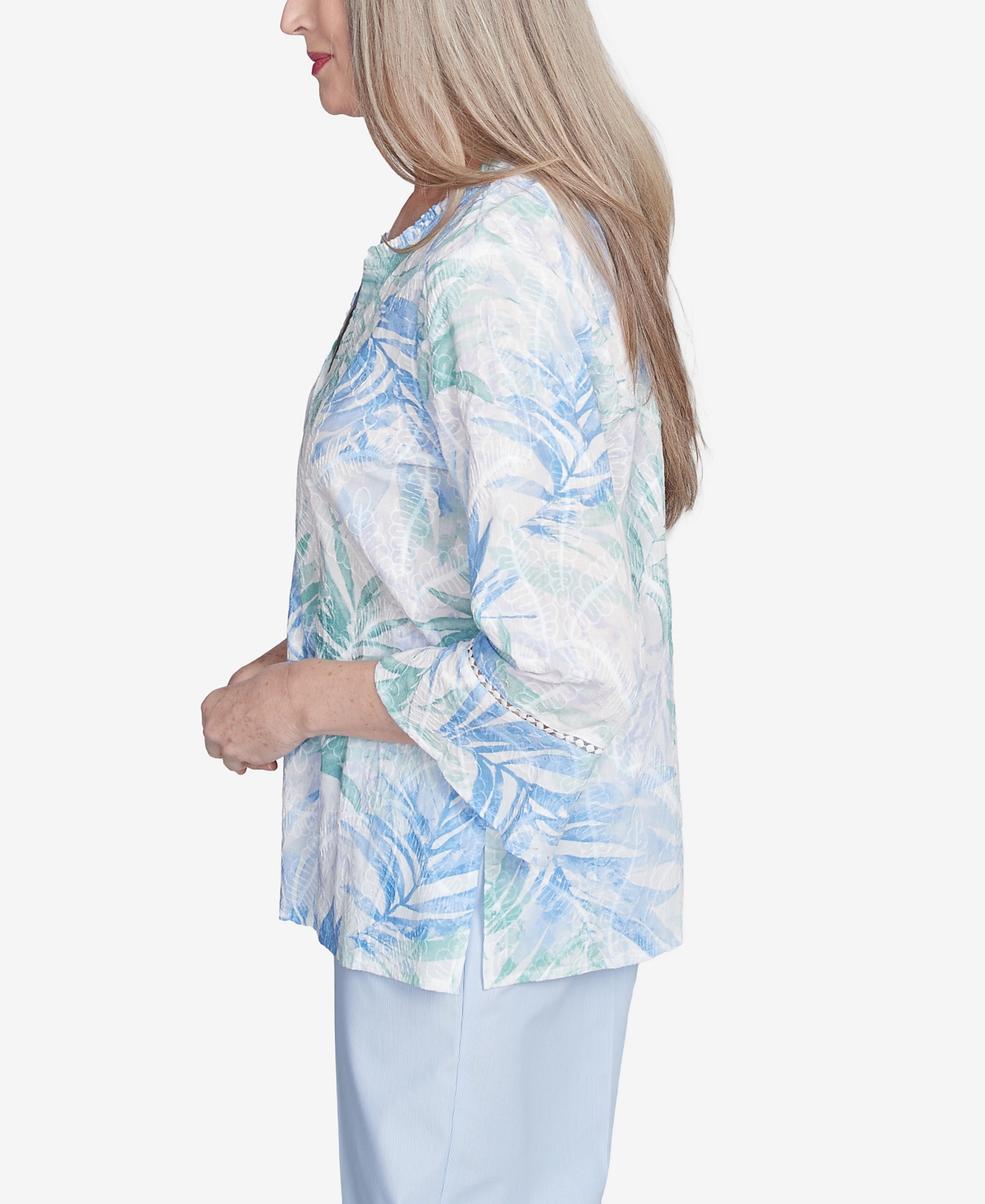 Alfred Dunner Petite St. Thomas Tropical Embroidered Button Front Top In Sky Blue Multi