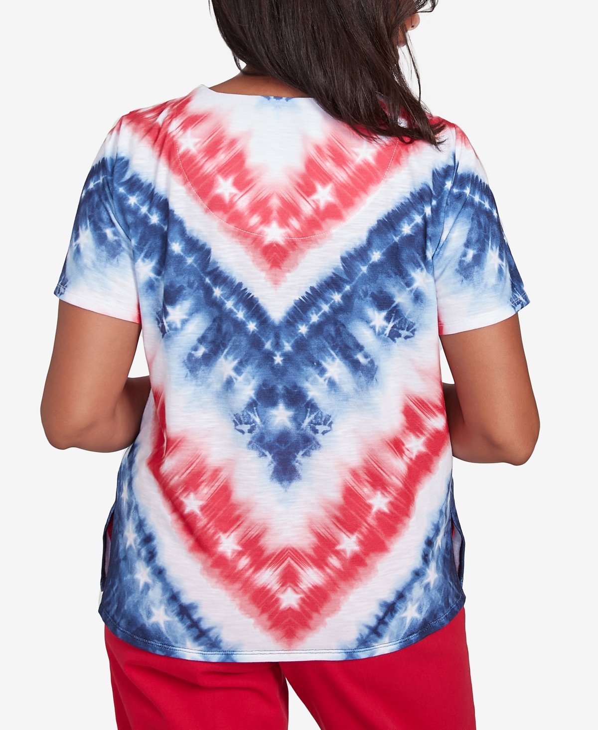 Alfred Dunner Petite Land Of The Free Tie Dye American Chevron Short Sleeve Top In Multi Red