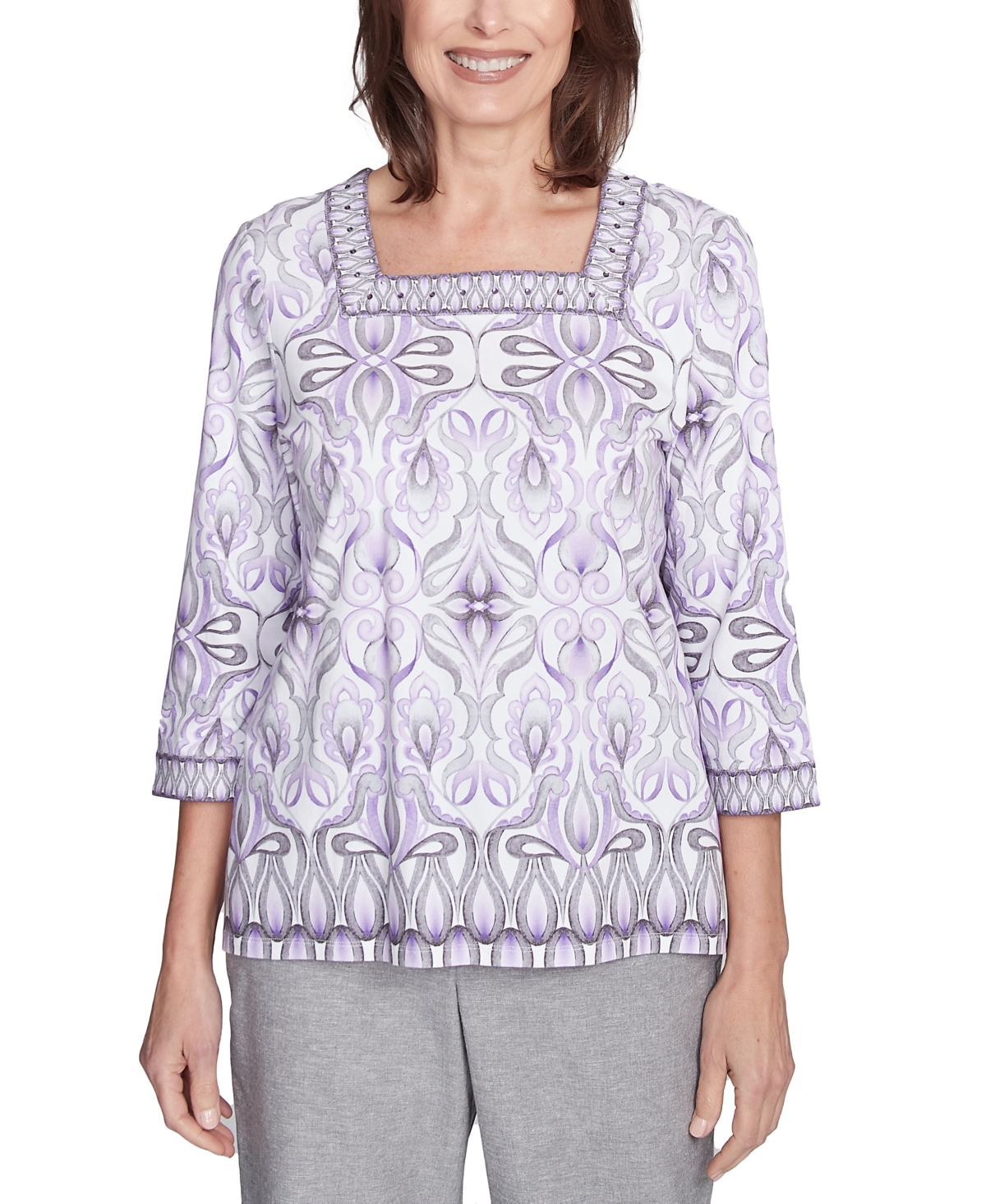 Alfred Dunner Petite Crystal Springs Border Medallion Kaleidoscope Top In Lilac Multi
