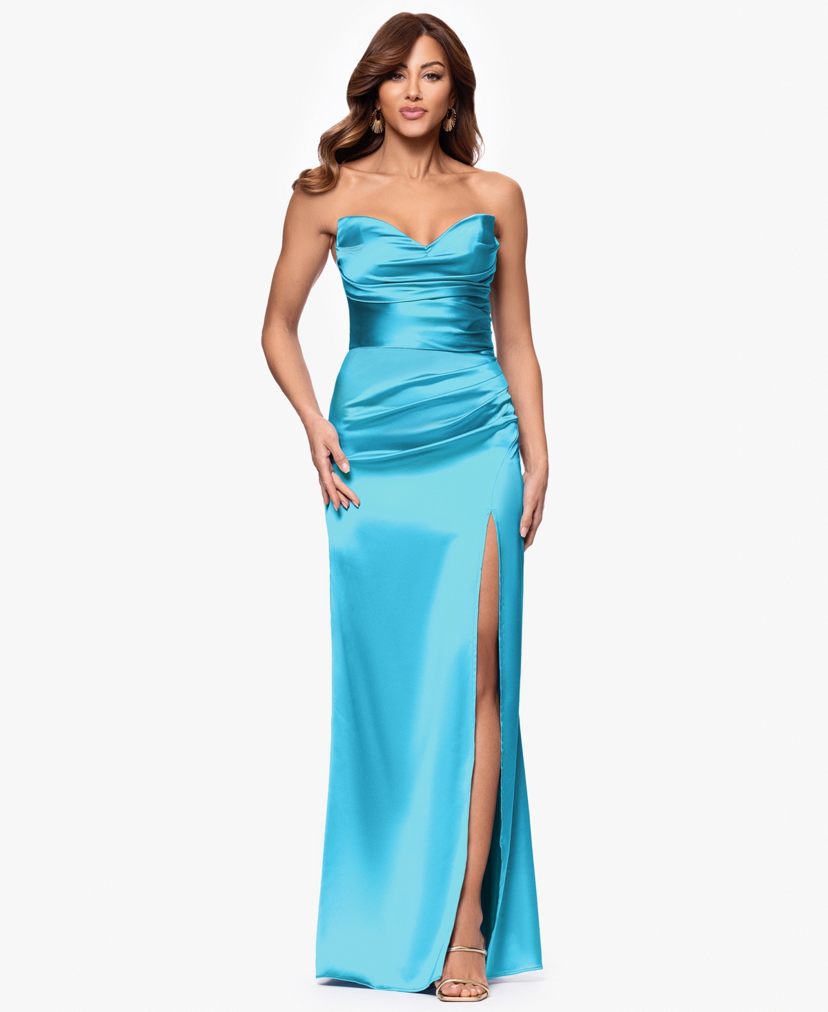 Juniors' Strapless Side-Slit Satin Dress - Ocean