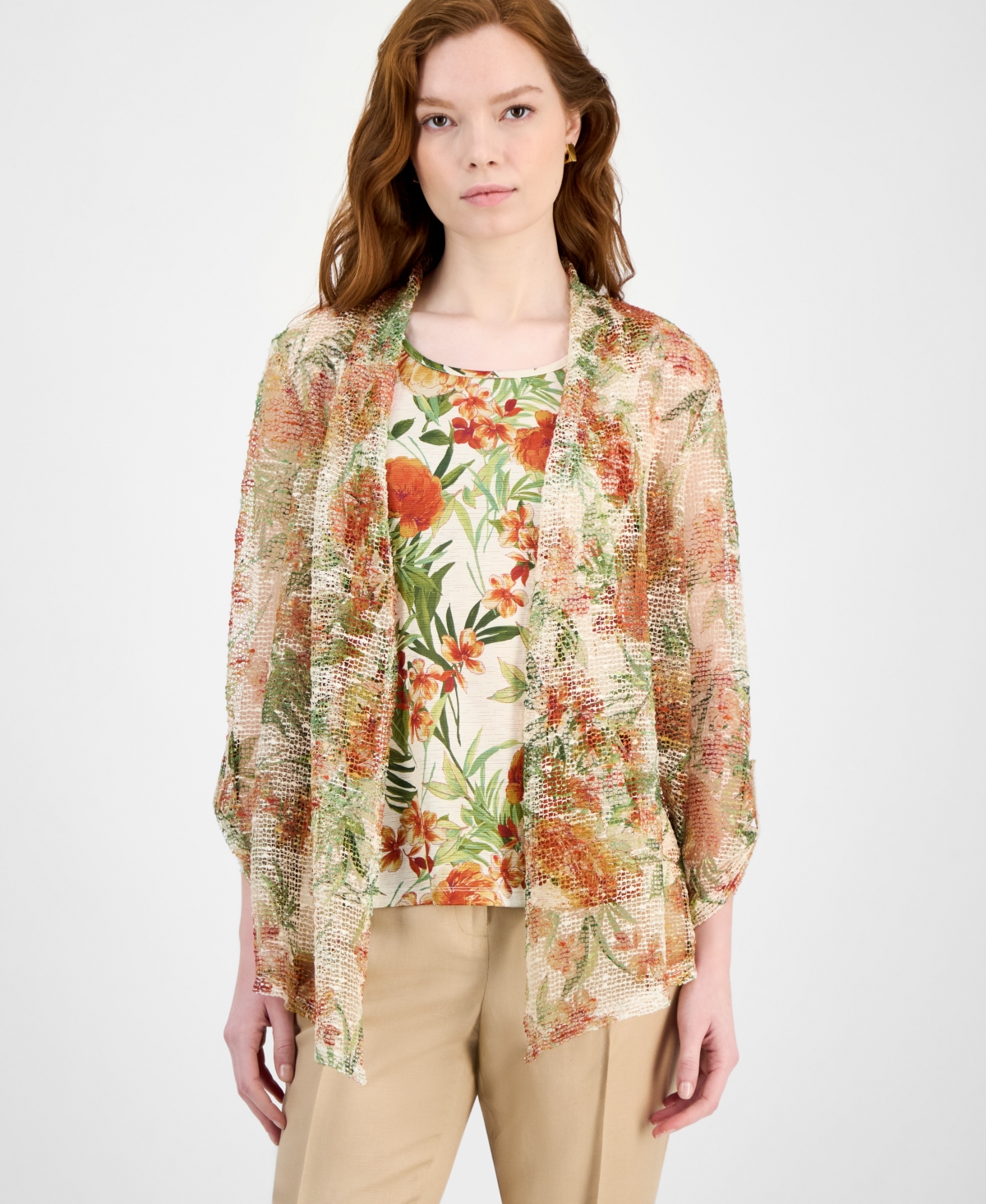 Kasper Women's Floral-print Open-front Cardigan