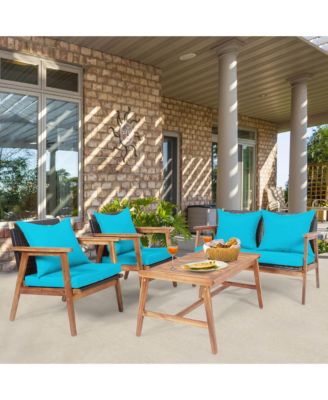4 Piece Wood Frame Furniture Set Patio Conversation Set w/ Cushions