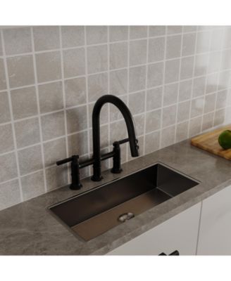 Modern Double Handle 3-Holes Deck Mount Bridge Kitchen Faucet with 2-Sprayer Patterns and 360 Swivel Spout in