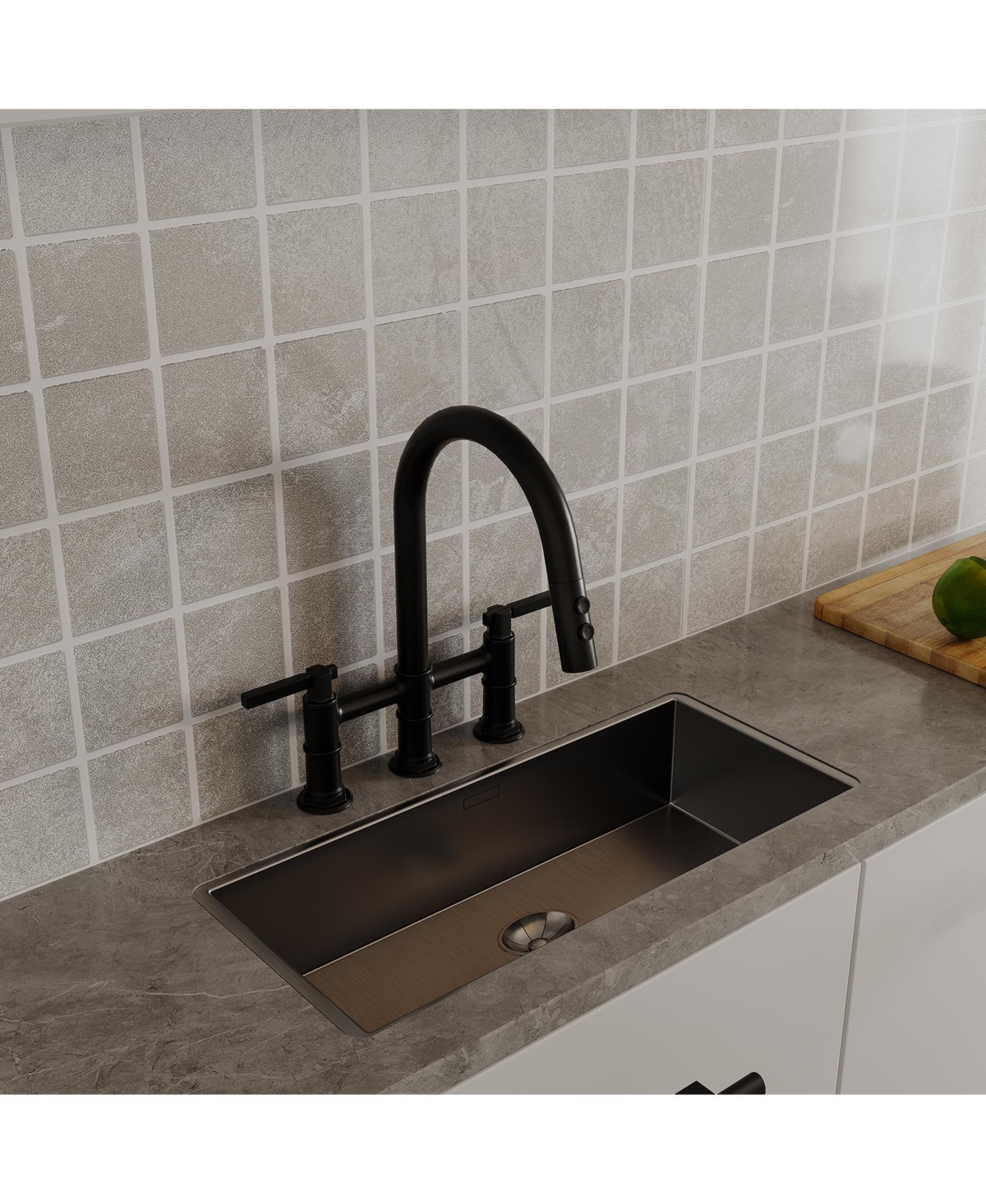 Modern Double Handle 3-Holes Deck Mount Bridge Kitchen Faucet with 2-Sprayer Patterns and 360 Swivel Spout in