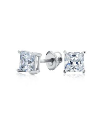 Classic Cubic Zirconia Square Cz Solitaire Stud Earrings Security Screw Back .925 Sterling Silver