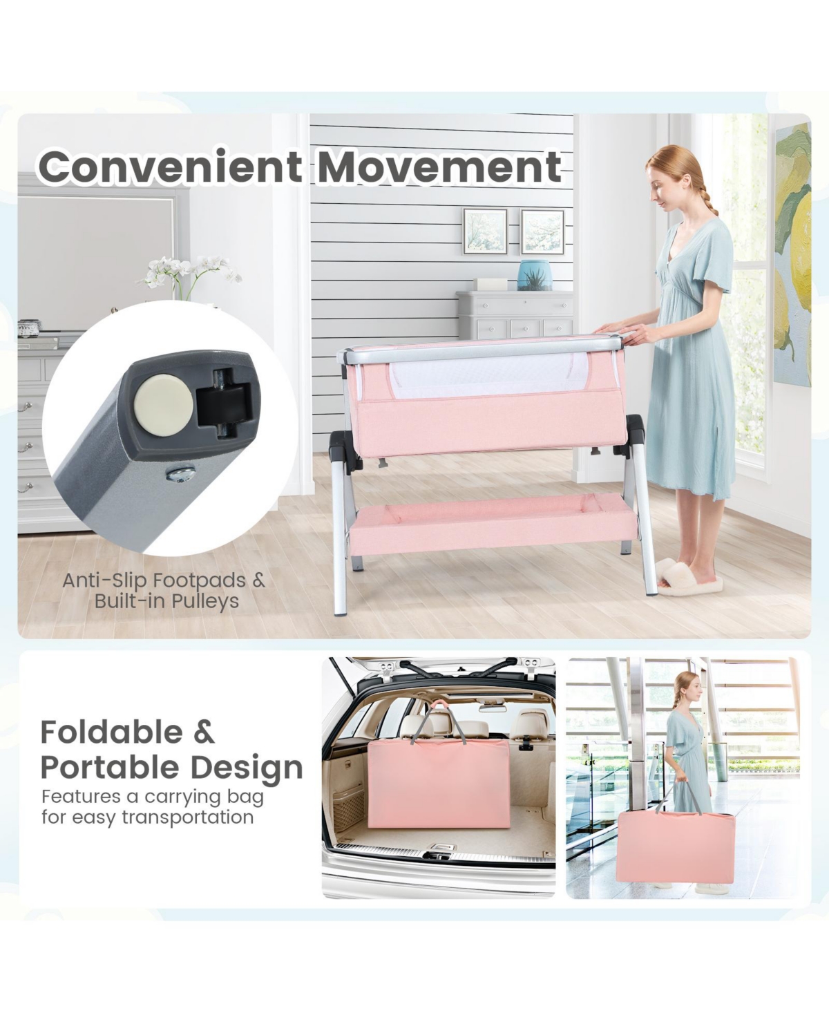 Baby Bassinet Bedside Sleeper with Storage Basket and Wheel for Newborn