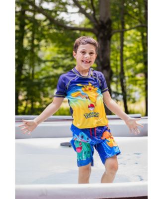 Boys Pikachu UPF 50+ Rash Guard Swim Trunks Outfit Set to