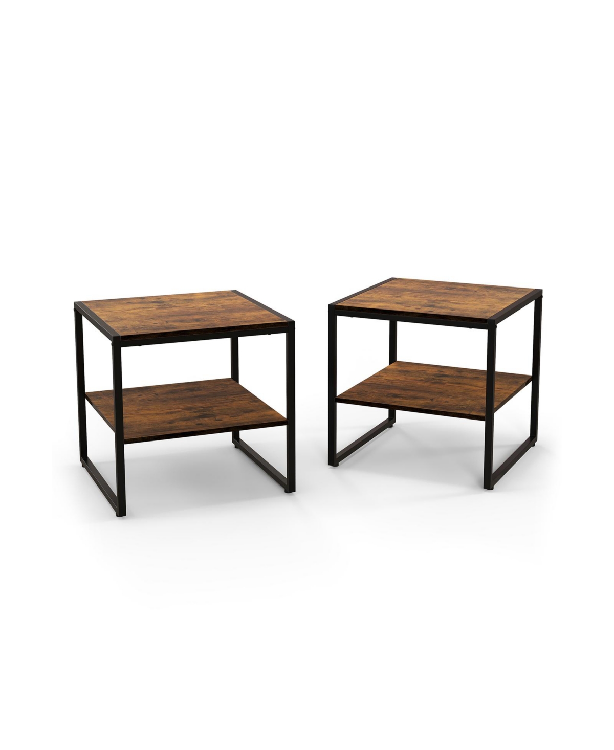2 Pieces Industrial 2-Tier Side Table Set with Open Shelf - Brown