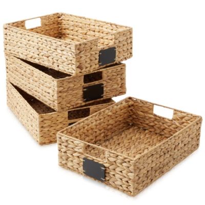 (Set of 4) Water Hyacinth 12-1/2"x17"x5" Pantry Baskets w/ Chalkboard Labels and Marker -Natural, Woven Storage Bins for Kitchen Shelves
