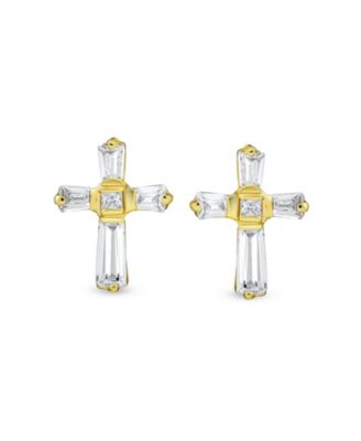Accent CZ Baguette Cross Stud Earrings in Yellow 14K Gold Sterling Silver