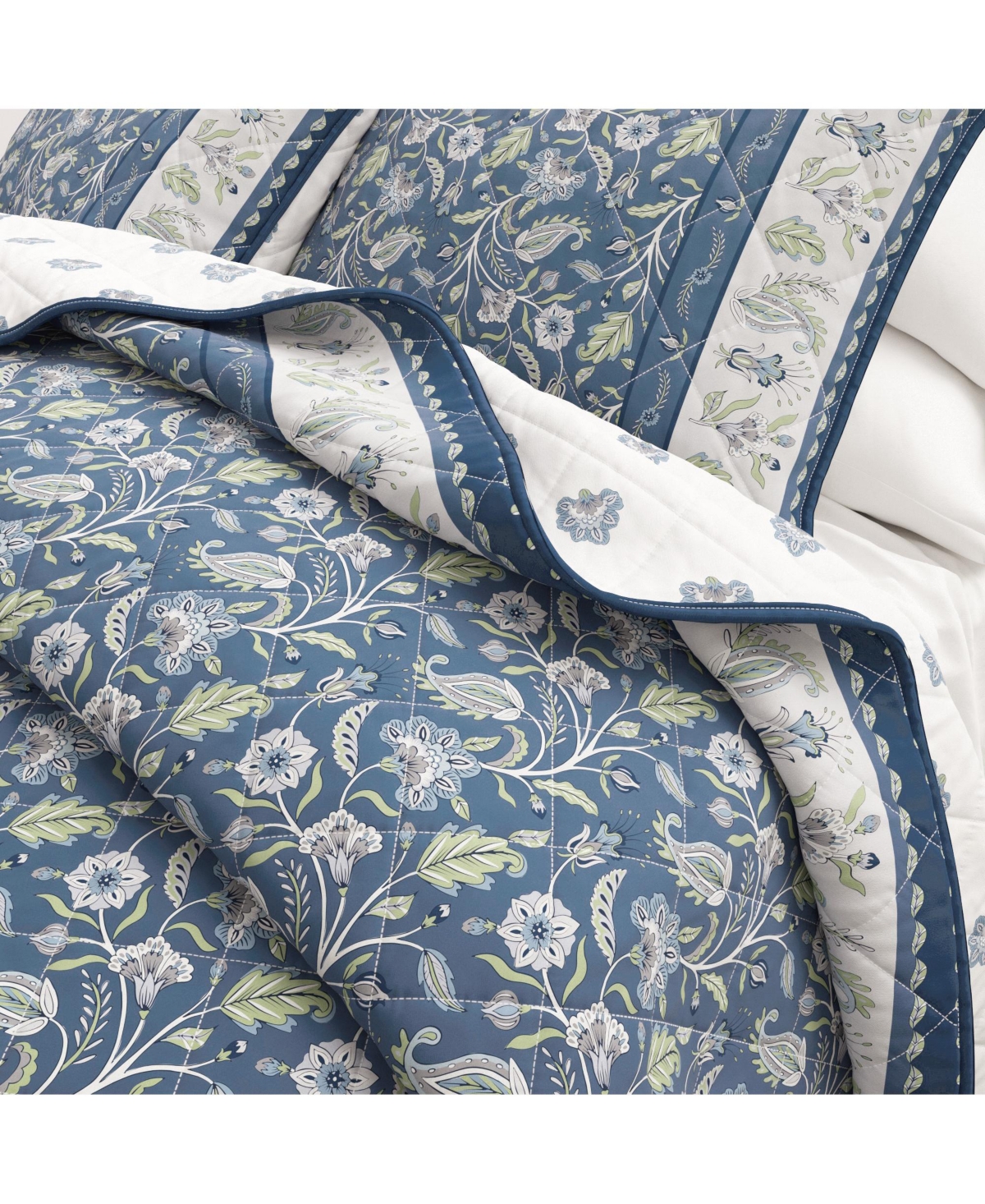 Linery & Co. Cotton Stitched Reversible Boho Floral 3 Piece Quilt and Sham Set