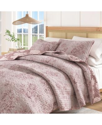 Cotton Stitched Reversible Floral 3 Piece Scalloped Quilt and Sham Set