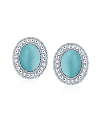 Classic Synthetic Stone Milgrain Bezel Halo Oval Stud Earrings Sterling Silver