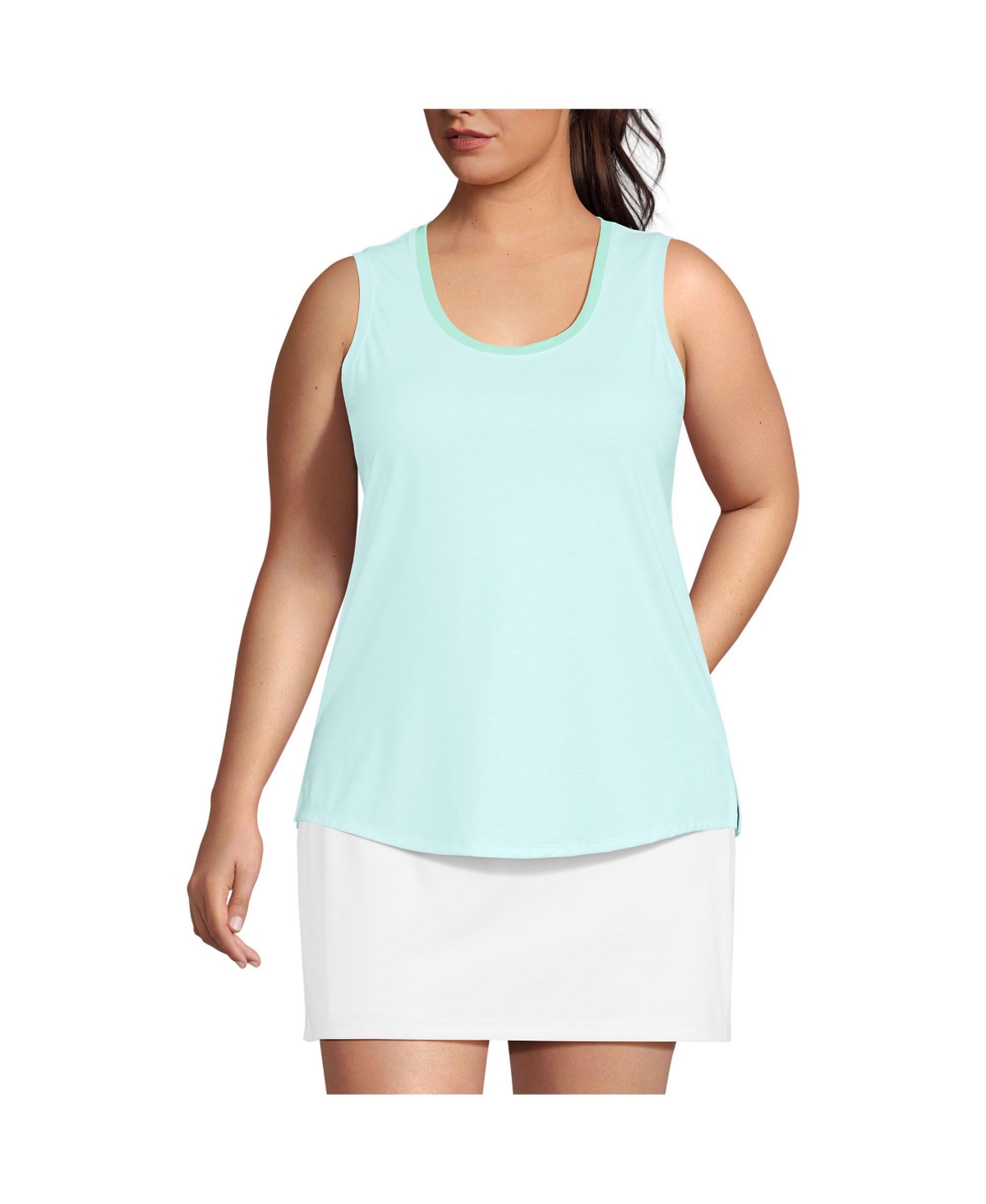 Plus Size Sleeveless Power Performance Scoop Neck Curved Hem Tunic Tank - Soft sky blue pinstripe