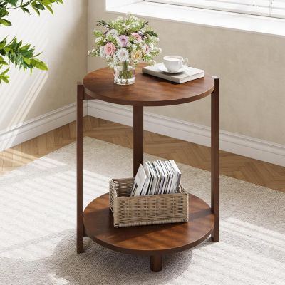 Solid Wood Side Table for Living Room, Small Round End Table with 2-Tier Storage