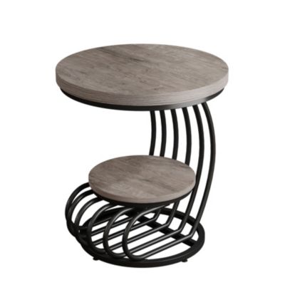 Round End Table: 2 Tiers Faux Marble Side Table, Bedside Nightstand, Metal Arc-Shaped Frame Accent Table