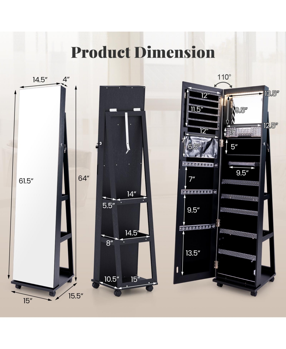 64 Inches Lockable Jewelry Cabinet Armoire with Built-in Makeup Mirror