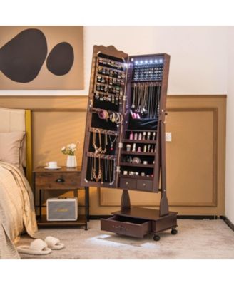 Rolling Floor Standing Mirrored Jewelry Armoire with Lock and Drawers