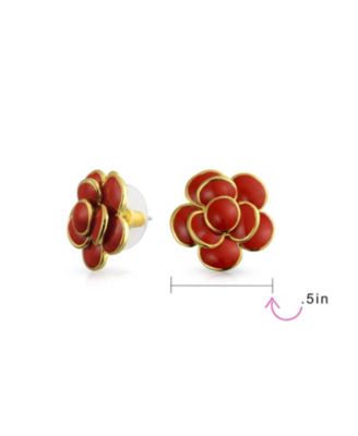 3D Rose Flower Spring Retro Enamel Button Style Stud Earrings Gold Plated Brass