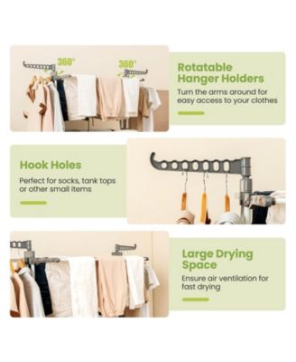 Foldable Clothes Drying Rack, Oversized 4-Tier Collapsible Laundry Rack w/ 3 Retractable Trays, Hanger Holders