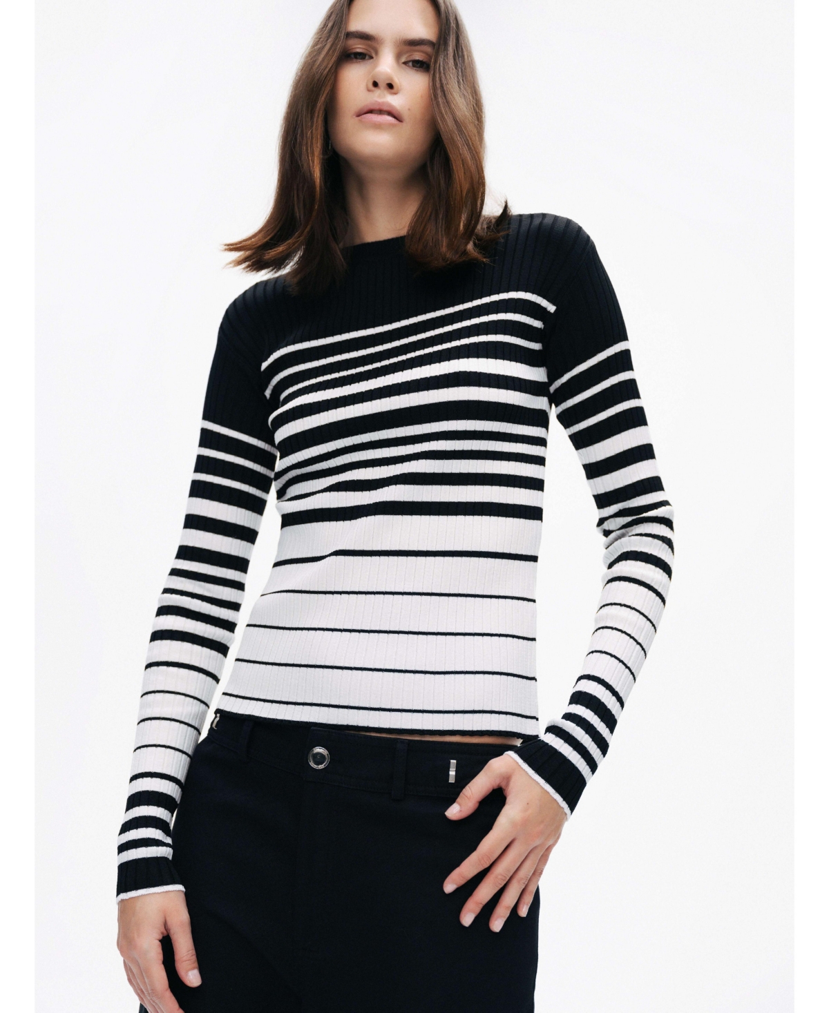 Women's Striped Crocheted Knitted Sweater - Multi-colored