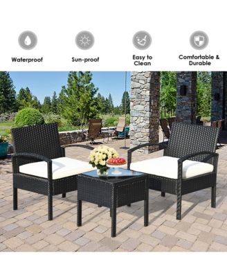 3 Piece Patio Rattan Furniture Set Conversation Sofa w/ Cushions