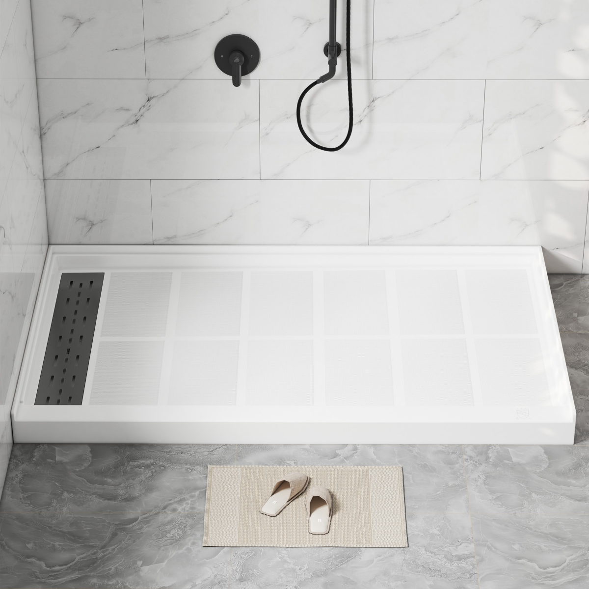 60"W X 36"D Solid Surface Single Threshold Shower Base Anti-Slip Shower Pan, Drain Assembly & Drain Cover Included - White