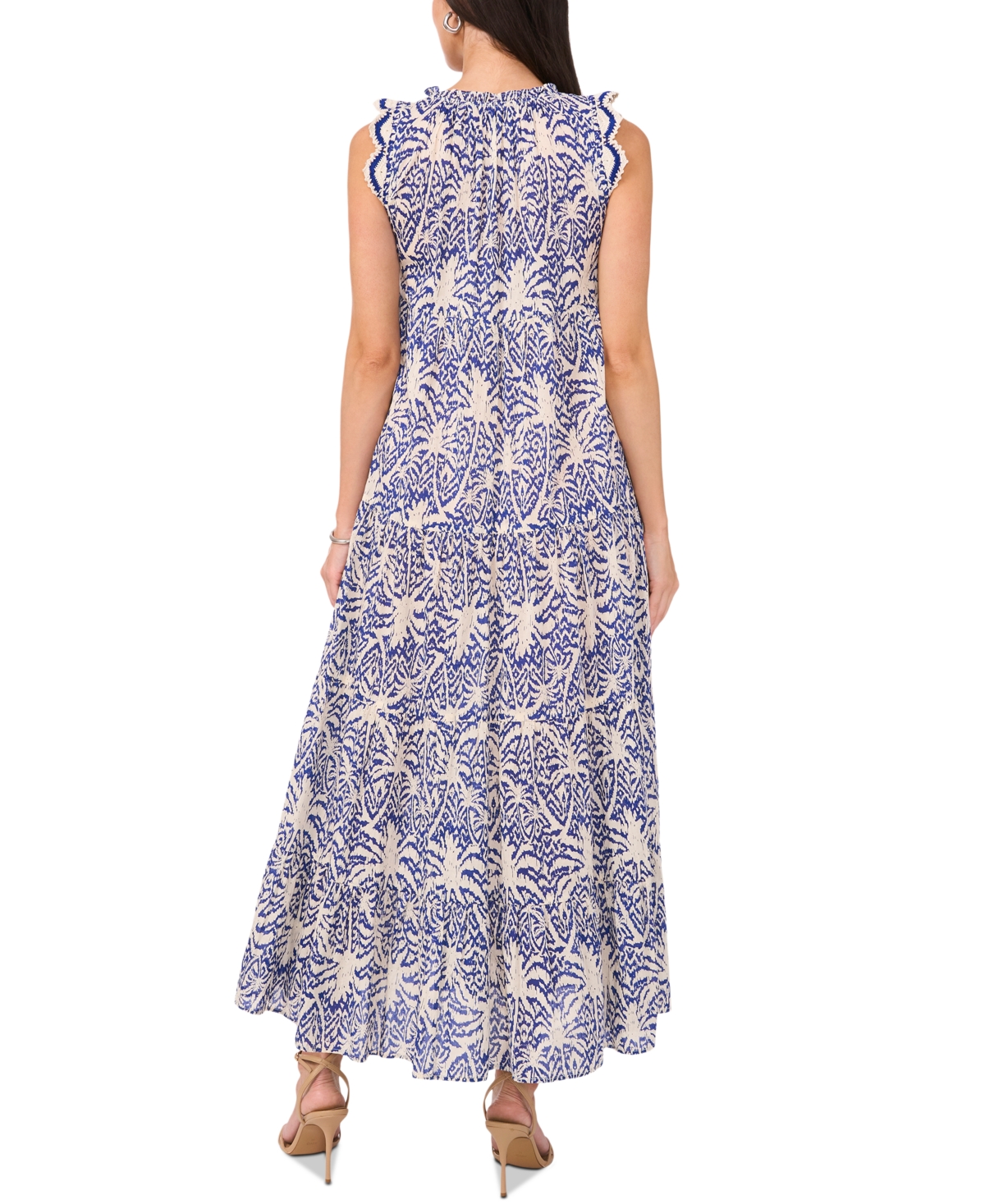 Vince Camuto Tie Neck Tiered Cotton Maxi Dress In Deep Blue