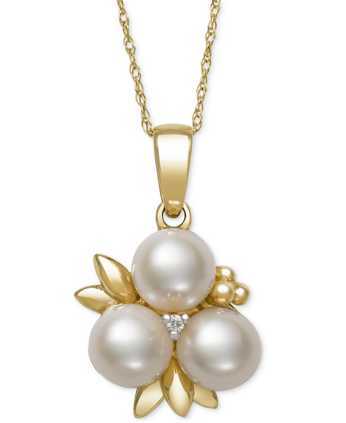 Cultured Freshwater Pearl (6-7mm) & Diamond Accent Flower Cluster 18" Pendant Necklace in 14k Gold - Gold