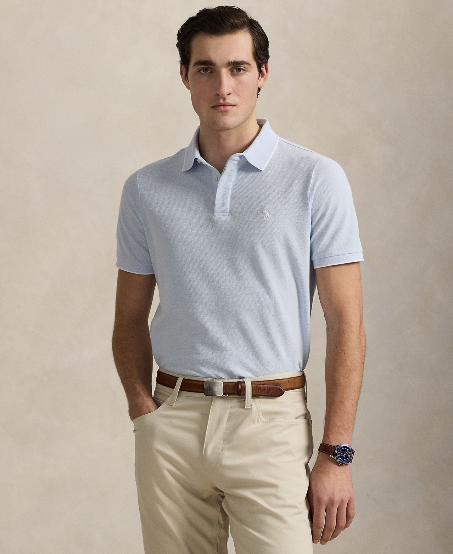 Мужское поло Polo Ralph Lauren Classic-Fit Stretch Oxford Mesh Polo Shirt, цвет: Синий разноцветный — фото 1
