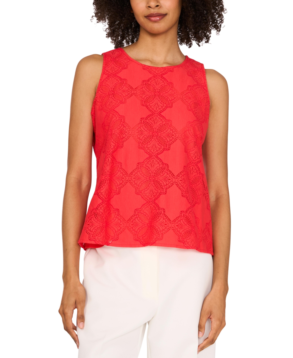 Vince Camuto Lace Cotton Blend Keyhole Tank In Cayenne