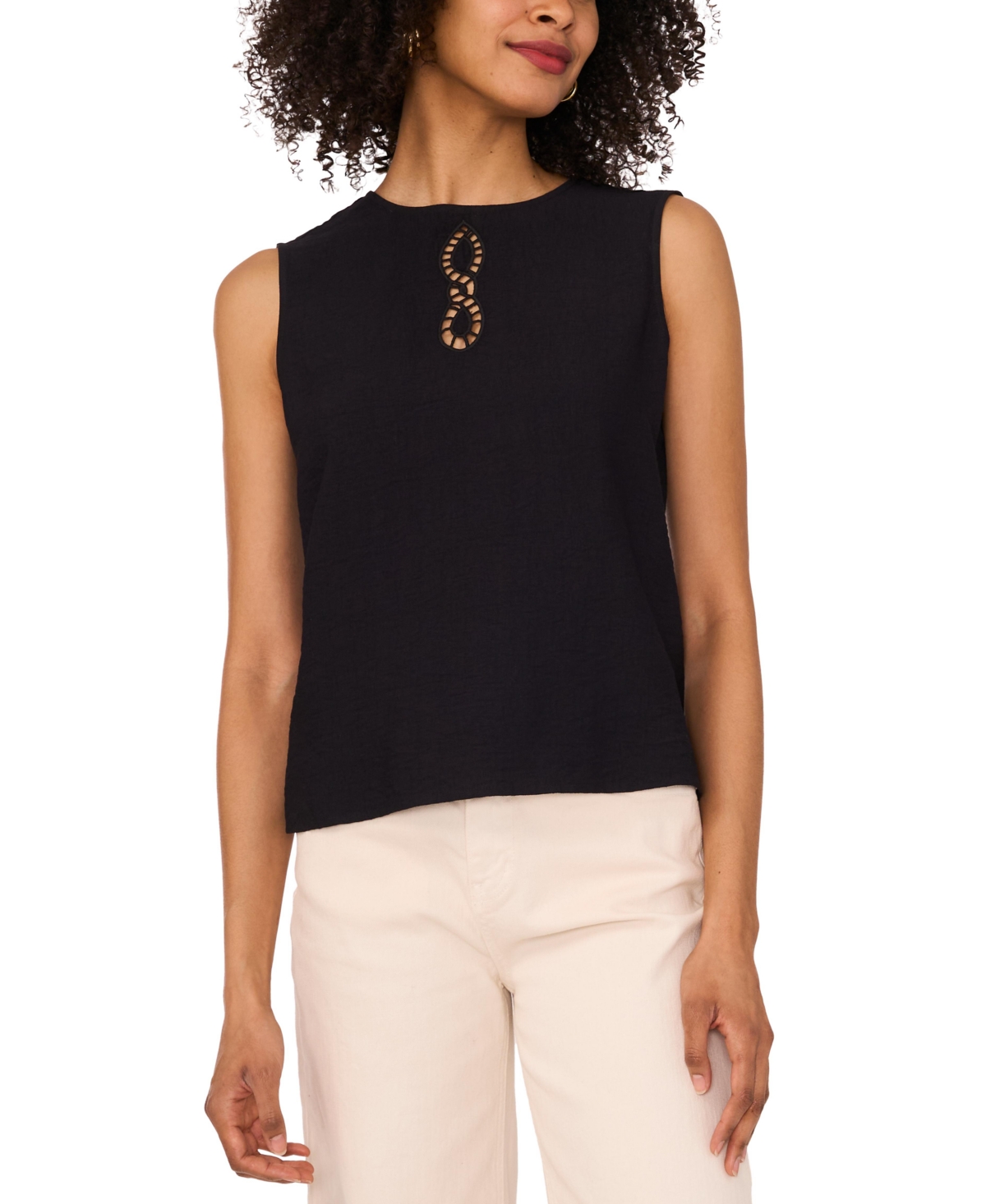 Shop Vince Camuto Women's Embroidered Sleeveless Top In Rich Black