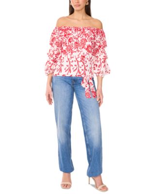 Women's Floral Off The Shoulder Bubble Sleeve Tie Front Blouse