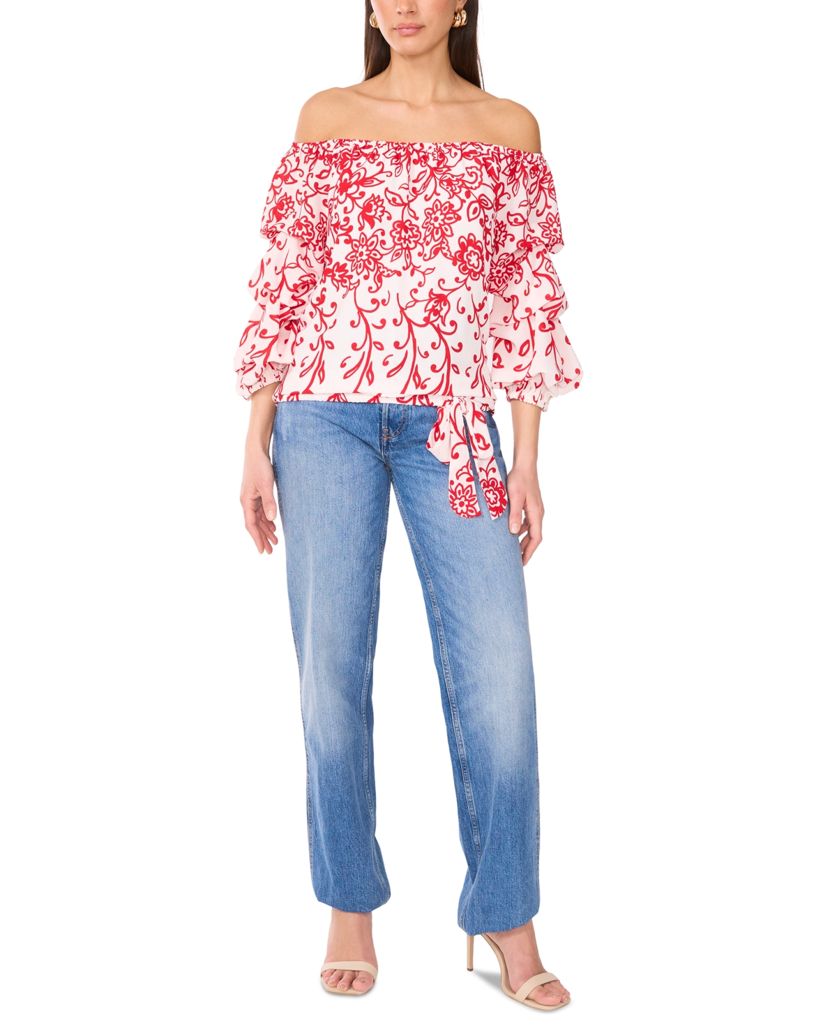 Shop Vince Camuto Women's Floral Off The Shoulder Bubble Sleeve Tie Front Blouse In Ultra Red
