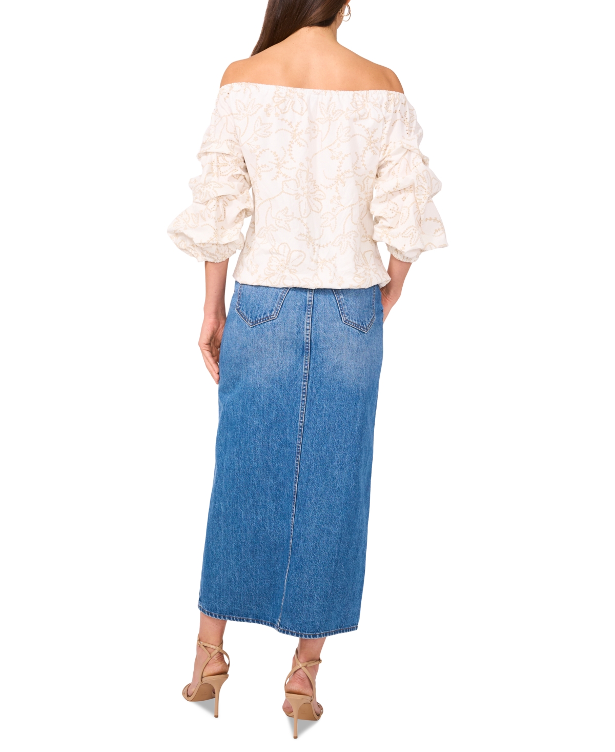 Shop Vince Camuto Women's Floral Embroidered Off-the-shoulder Bubble 3/4-sleeve Tie-front Blouse In Ultra White