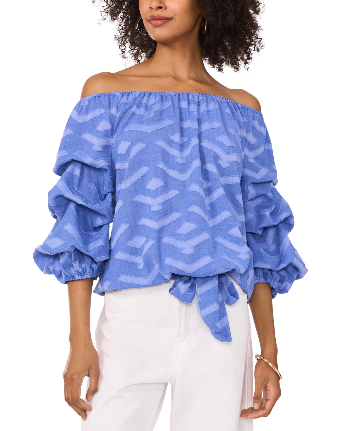 Women's Textured Off-The-Shoulder Bubble 3/4-Sleeve Tie-Front Blouse - Serene Sky