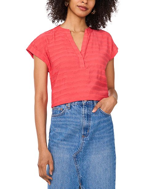 alfani Vince Camuto Women's Textured Split-Neck Cap Sleeve Top Women's Fashion Shoes & Accessories