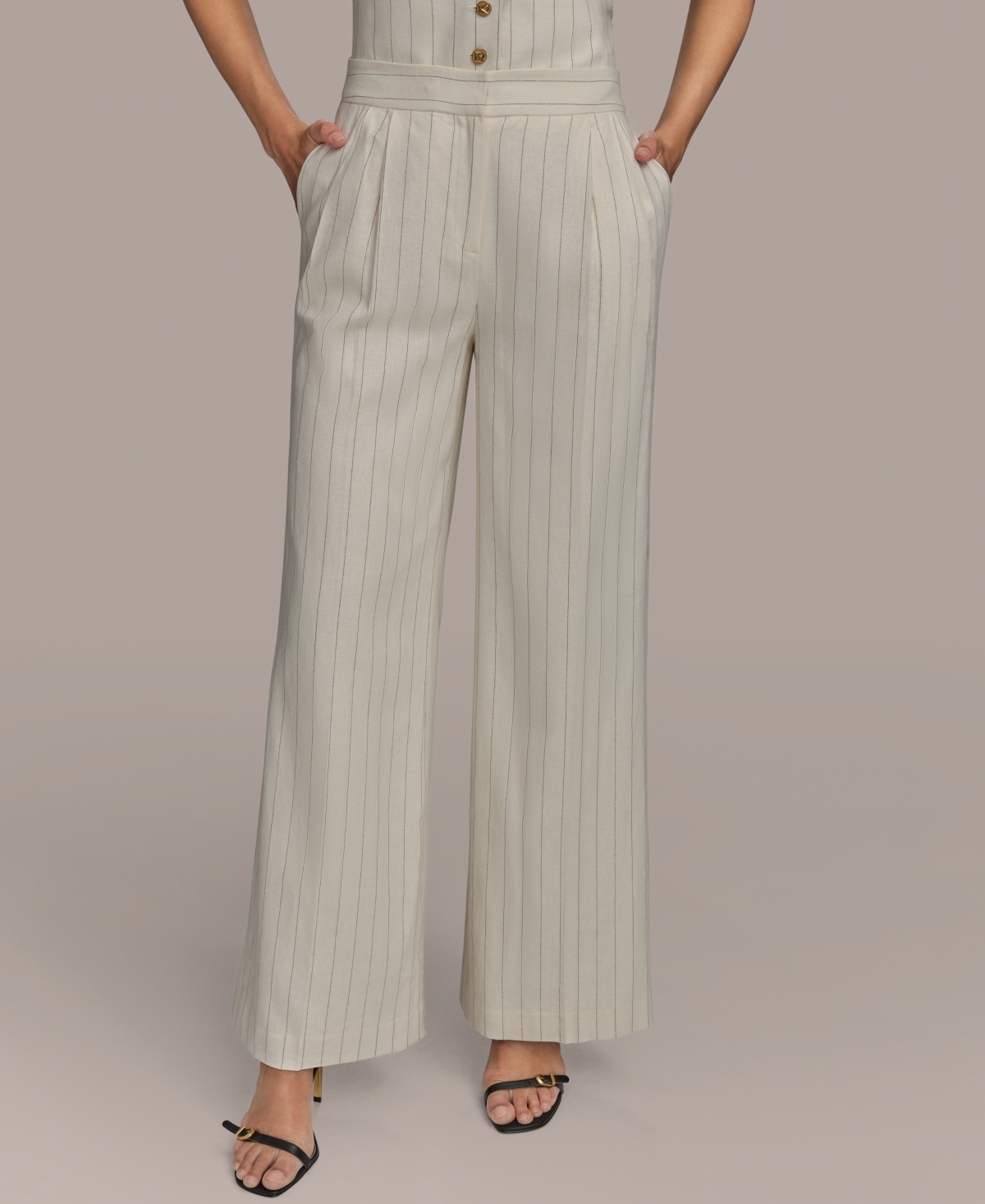 Linen-Blend Pinstripe Wide-Leg Pants, Regular & Petite Sizes - Cream/black